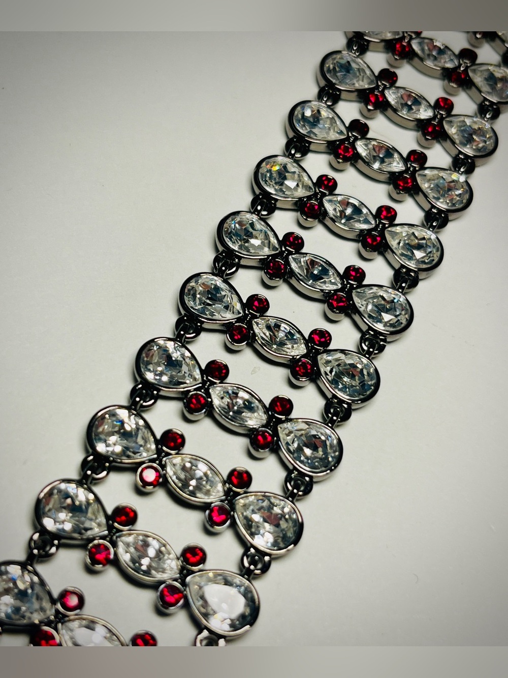 Wide Art Deco Revival Statement Bracelet, Clear & Red Crystals, Double Clasped